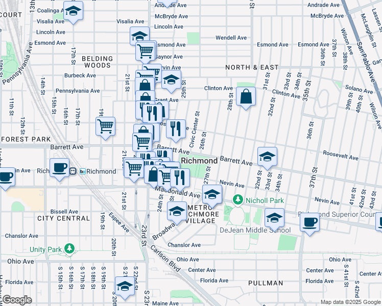 map of restaurants, bars, coffee shops, grocery stores, and more near 2600 Barrett Avenue in Richmond