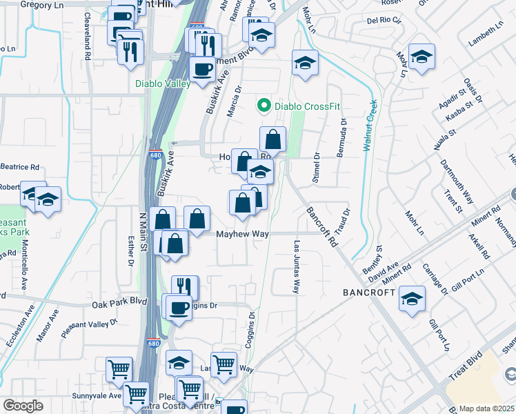 map of restaurants, bars, coffee shops, grocery stores, and more near 3330 Vincent Road in Pleasant Hill