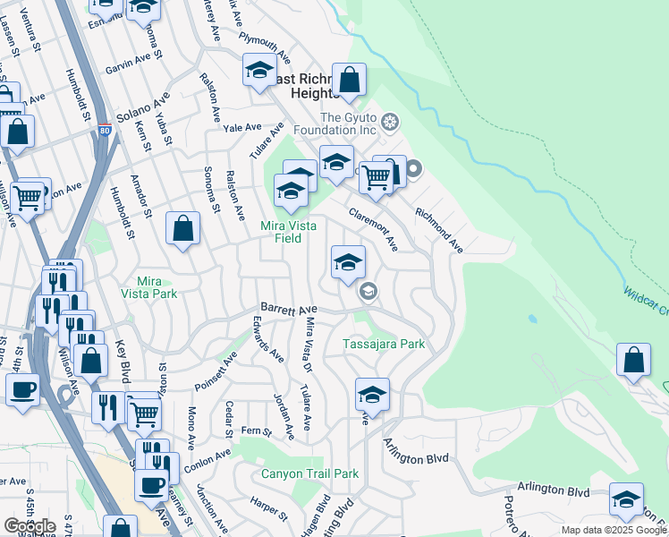 map of restaurants, bars, coffee shops, grocery stores, and more near 2655 Francisco Way in El Cerrito