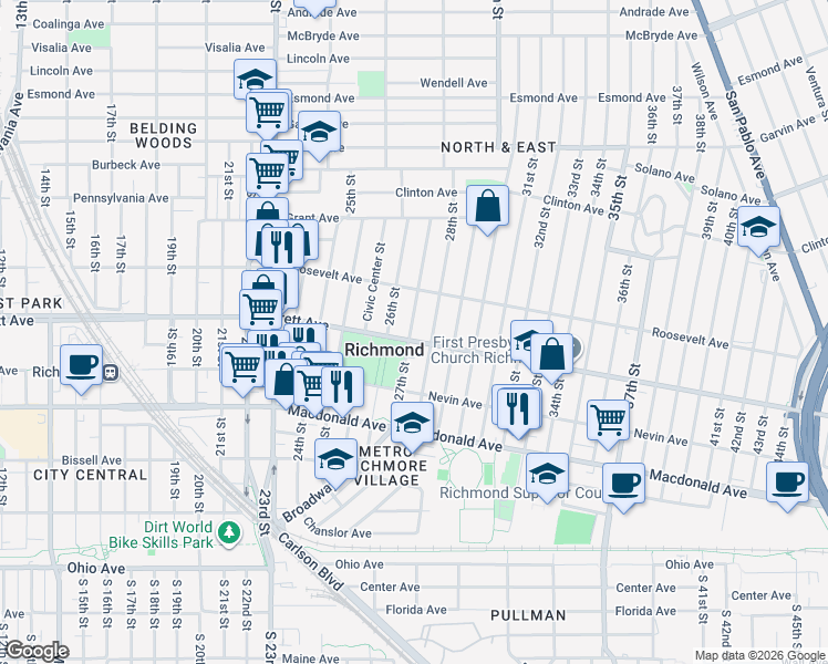 map of restaurants, bars, coffee shops, grocery stores, and more near 509 28th Street in Richmond