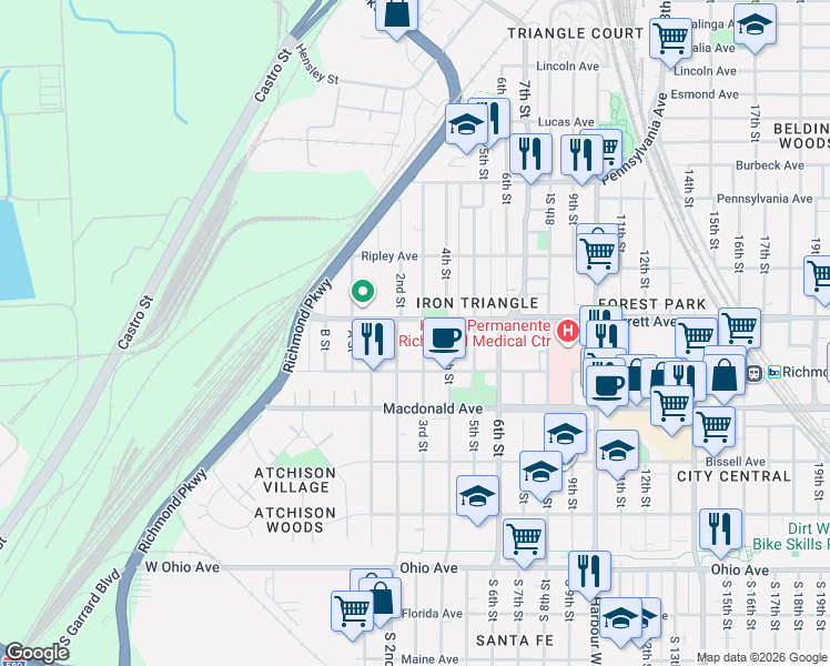 map of restaurants, bars, coffee shops, grocery stores, and more near 451 3rd Street in Richmond