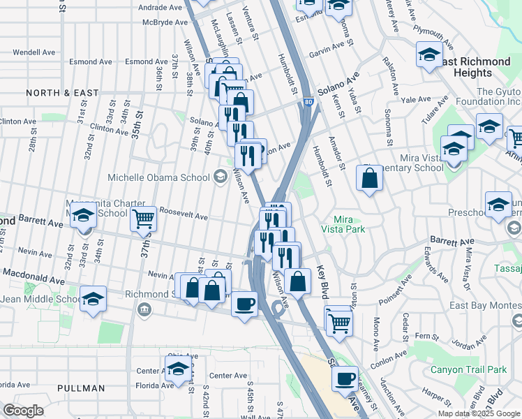 map of restaurants, bars, coffee shops, grocery stores, and more near 12411 San Pablo Avenue in Richmond