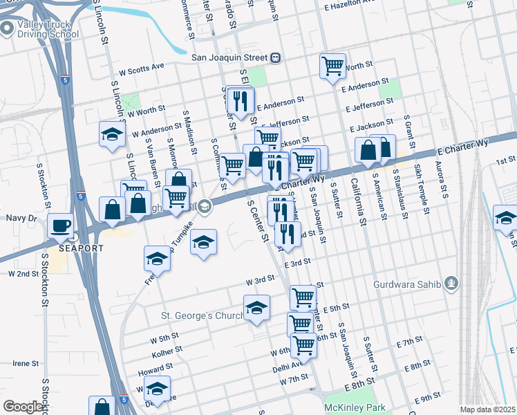 map of restaurants, bars, coffee shops, grocery stores, and more near 1432 South Center Street in Stockton