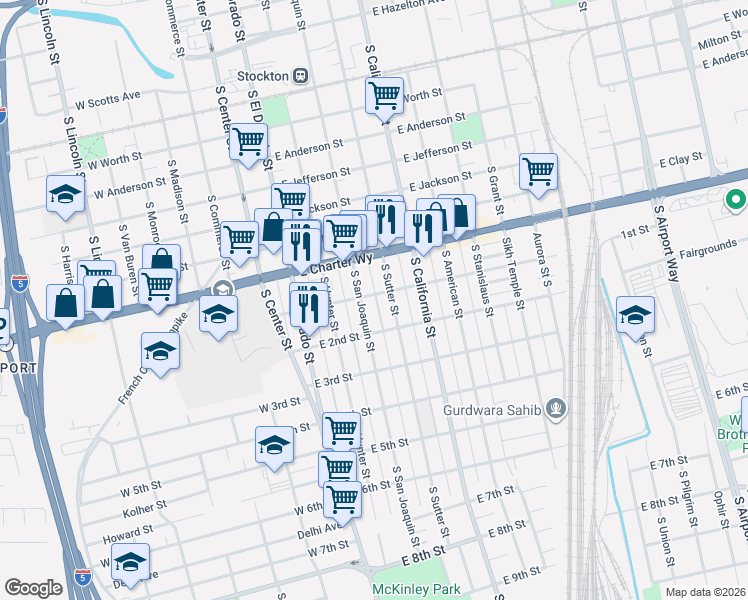 map of restaurants, bars, coffee shops, grocery stores, and more near 320 East 1st Street in Stockton