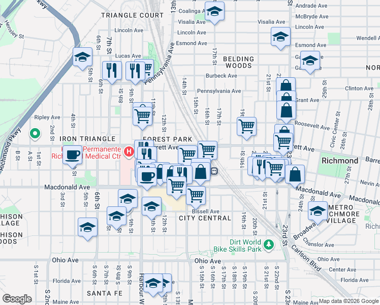 map of restaurants, bars, coffee shops, grocery stores, and more near 462 Marina Way in Richmond