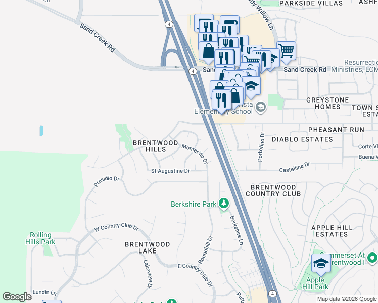 map of restaurants, bars, coffee shops, grocery stores, and more near 469 Montecito Drive in Brentwood