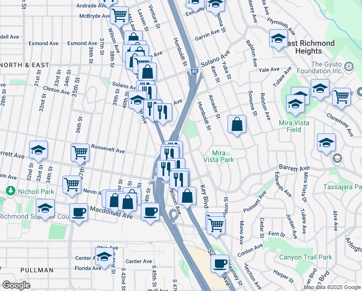 map of restaurants, bars, coffee shops, grocery stores, and more near 616 McLaughlin Street in Richmond