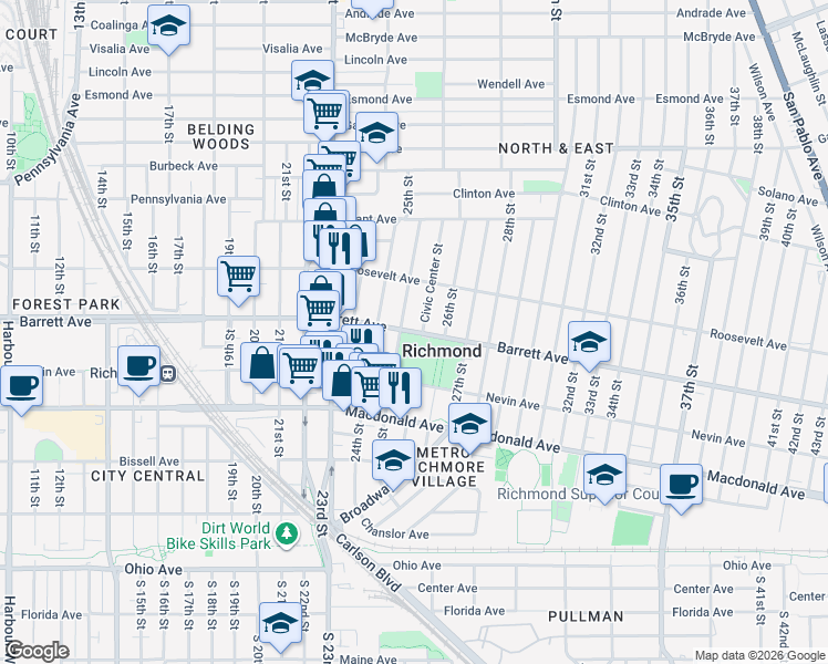 map of restaurants, bars, coffee shops, grocery stores, and more near 2540 Barrett Avenue in Richmond