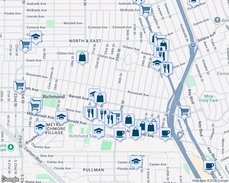 map of restaurants, bars, coffee shops, grocery stores, and more near 3514 Roosevelt Avenue in Richmond