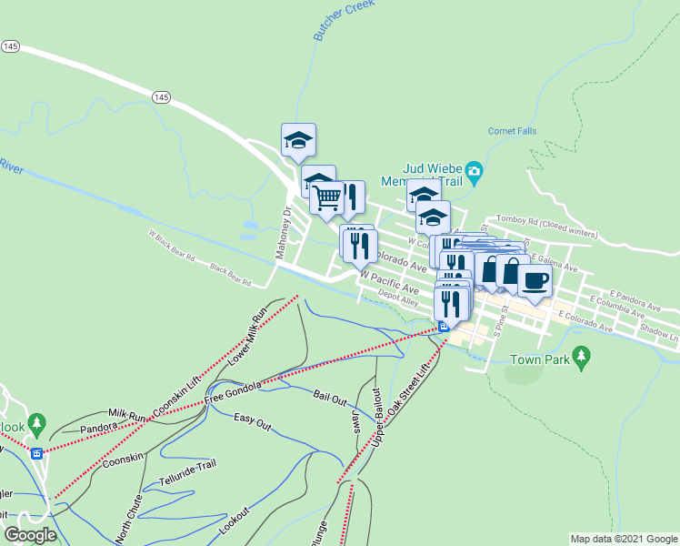 map of restaurants, bars, coffee shops, grocery stores, and more near 663 West Pacific Avenue in Telluride