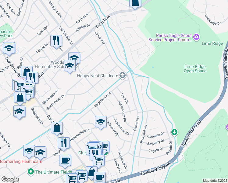 map of restaurants, bars, coffee shops, grocery stores, and more near 688 Persimmon Road in Walnut Creek