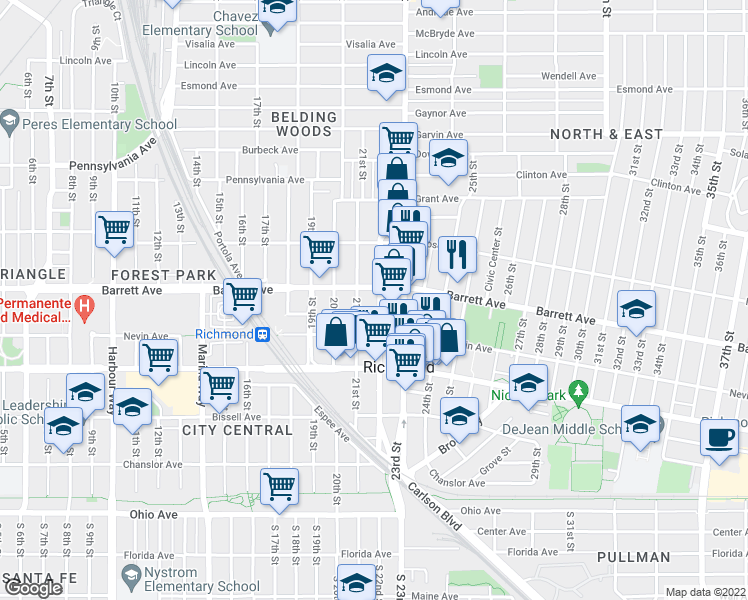 map of restaurants, bars, coffee shops, grocery stores, and more near 463 22nd Street in Richmond