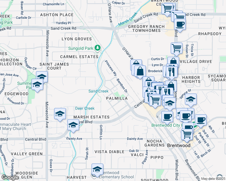 map of restaurants, bars, coffee shops, grocery stores, and more near 762 King Palm Lane in Brentwood