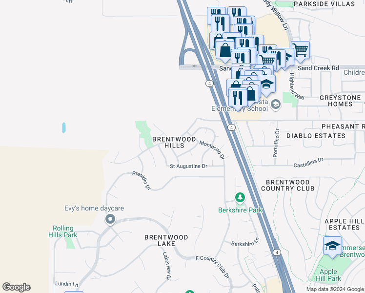 map of restaurants, bars, coffee shops, grocery stores, and more near 2476 Marshall Drive in Brentwood