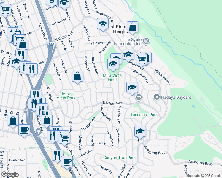 map of restaurants, bars, coffee shops, grocery stores, and more near 2711 Tulare Avenue in El Cerrito