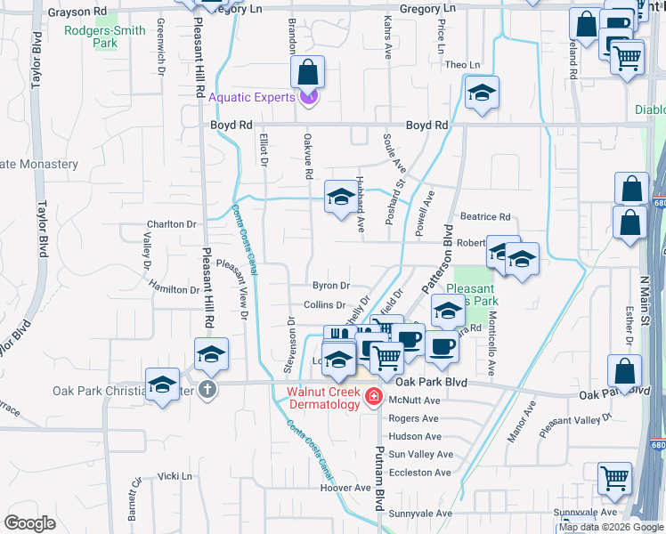 map of restaurants, bars, coffee shops, grocery stores, and more near 104 Burns Court in Pleasant Hill