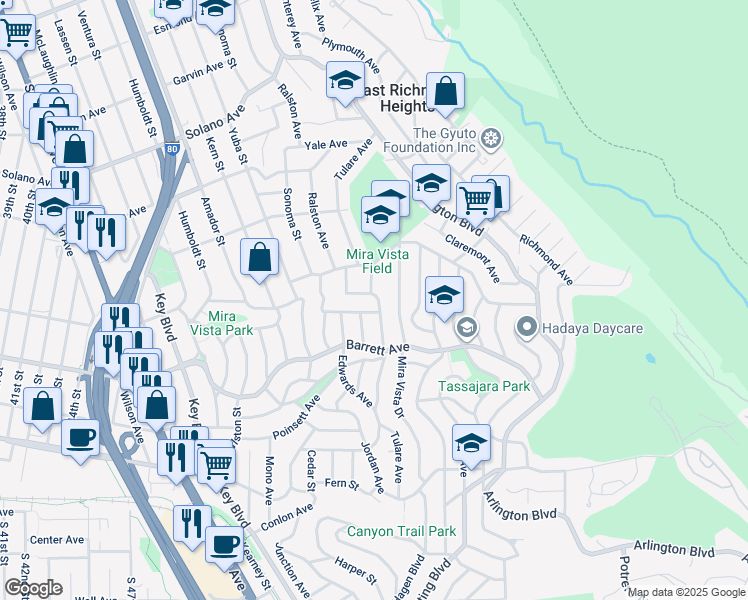 map of restaurants, bars, coffee shops, grocery stores, and more near 2711 Tulare Avenue in El Cerrito
