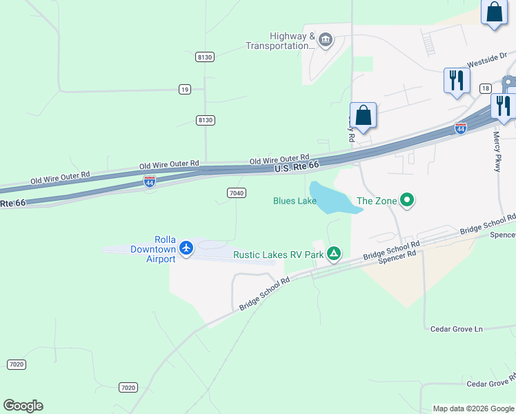 map of restaurants, bars, coffee shops, grocery stores, and more near 13600 County Road 7040 in Rolla
