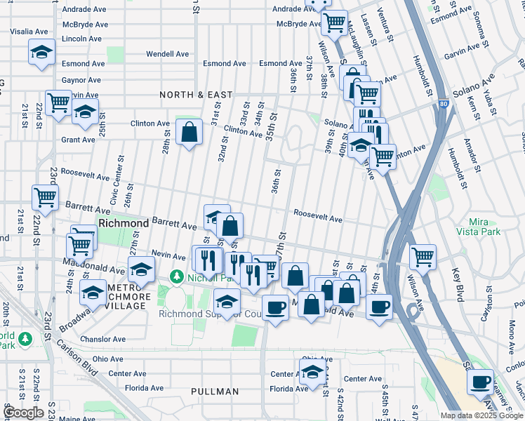 map of restaurants, bars, coffee shops, grocery stores, and more near 3514 Roosevelt Avenue in Richmond