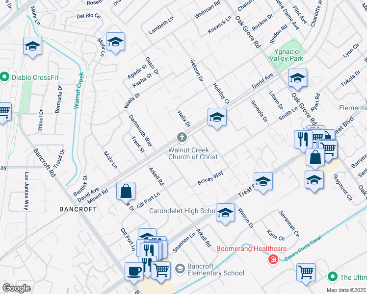 map of restaurants, bars, coffee shops, grocery stores, and more near 500 Minert Road in Walnut Creek