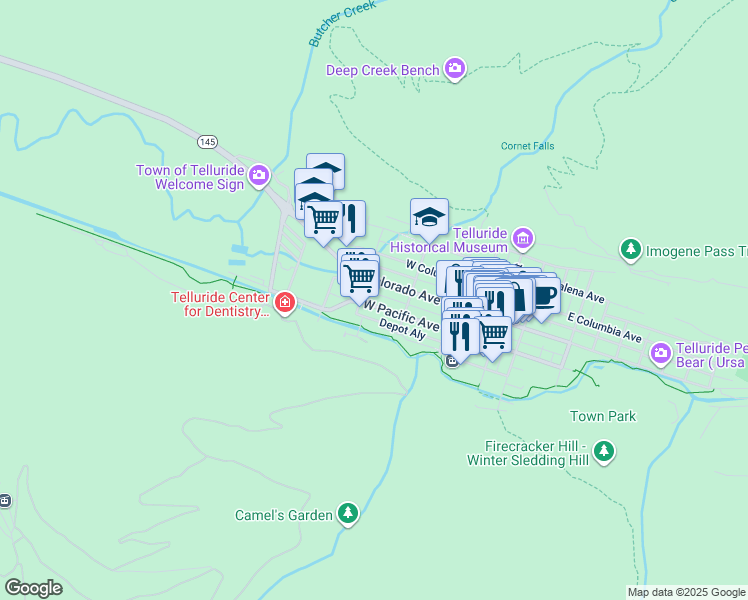 map of restaurants, bars, coffee shops, grocery stores, and more near 547 West Pacific Avenue in Telluride