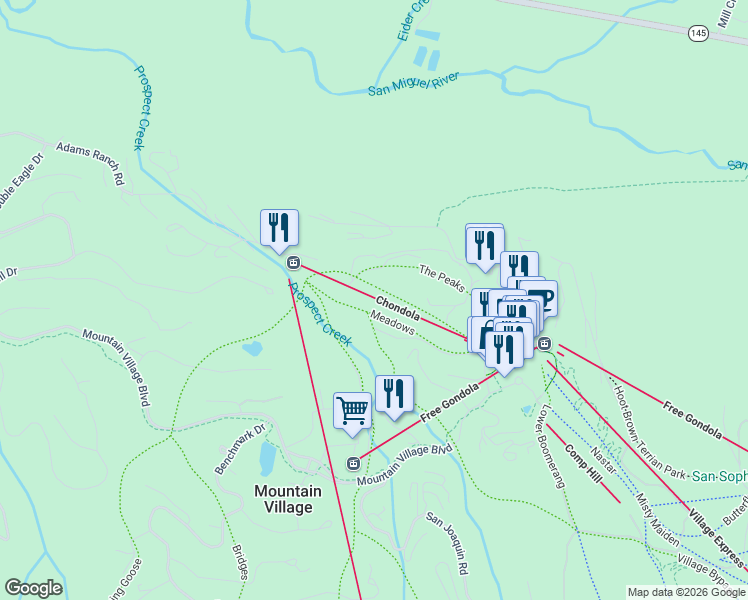 map of restaurants, bars, coffee shops, grocery stores, and more near 245 Country Club Drive in Mountain Village
