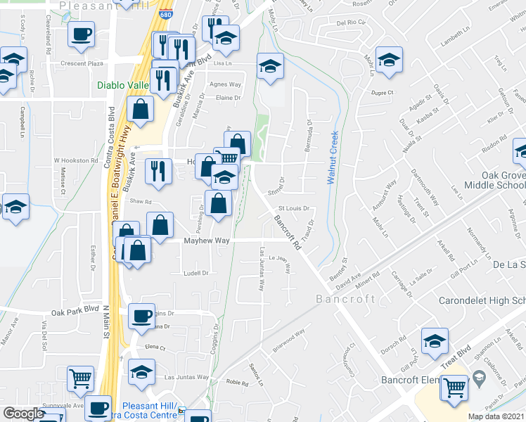 map of restaurants, bars, coffee shops, grocery stores, and more near 179 Foxglove Lane in Walnut Creek