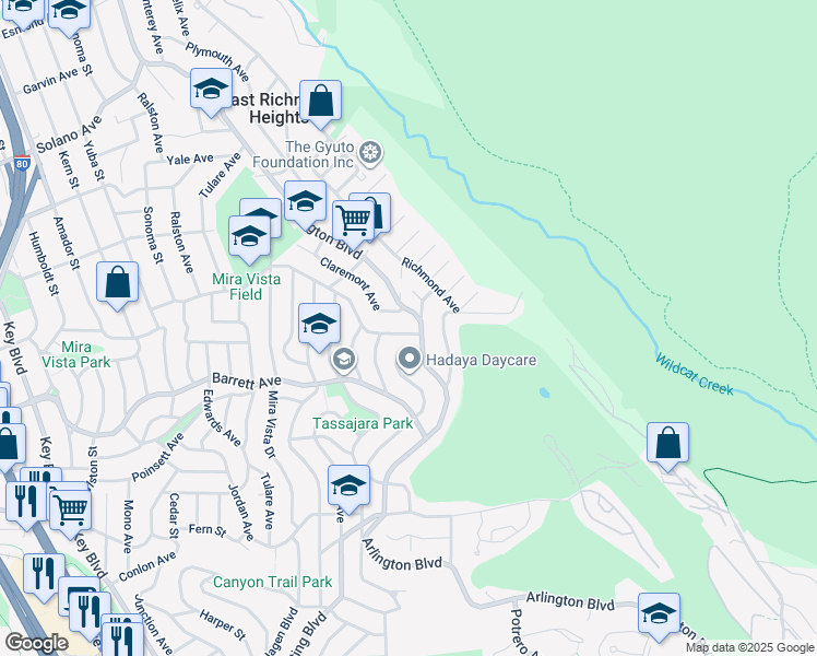 map of restaurants, bars, coffee shops, grocery stores, and more near 6545 Alta Vista Drive in El Cerrito