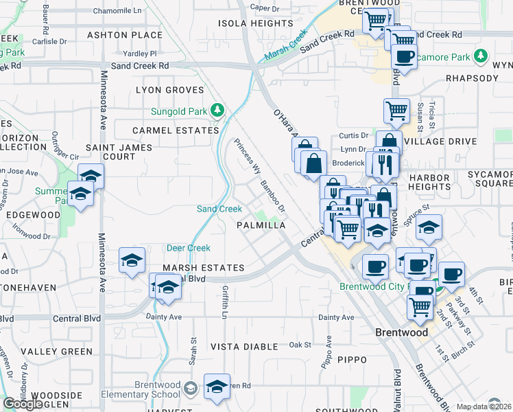 map of restaurants, bars, coffee shops, grocery stores, and more near 765 King Palm Lane in Brentwood