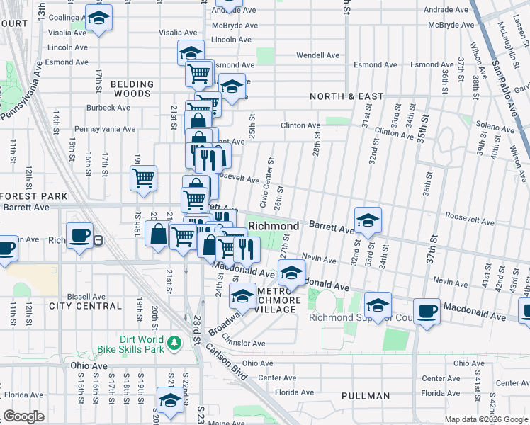 map of restaurants, bars, coffee shops, grocery stores, and more near 2540 Barrett Avenue in Richmond