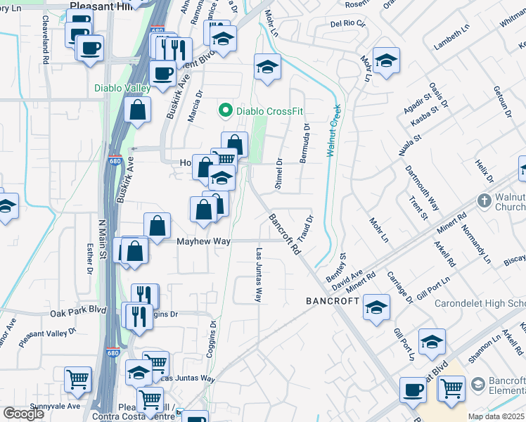 map of restaurants, bars, coffee shops, grocery stores, and more near 951 Bancroft Road in Concord