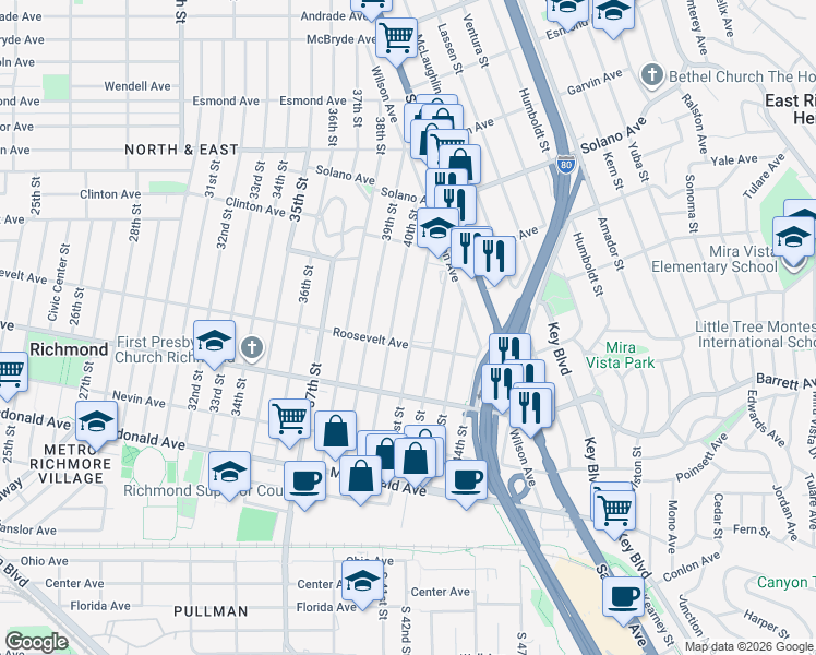 map of restaurants, bars, coffee shops, grocery stores, and more near 613 41st Street in Richmond