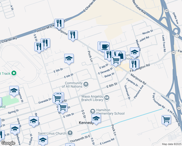 map of restaurants, bars, coffee shops, grocery stores, and more near 2112 Skyline Drive in Stockton