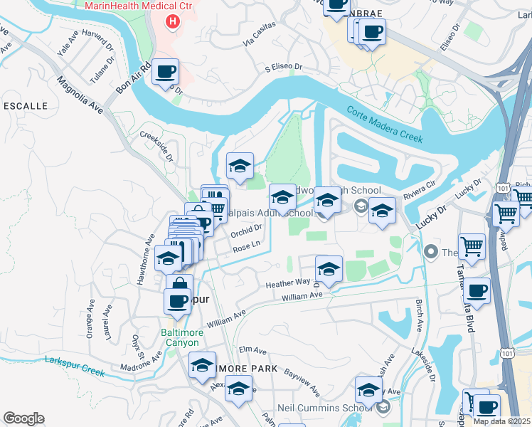map of restaurants, bars, coffee shops, grocery stores, and more near 250 Doherty Drive in Larkspur