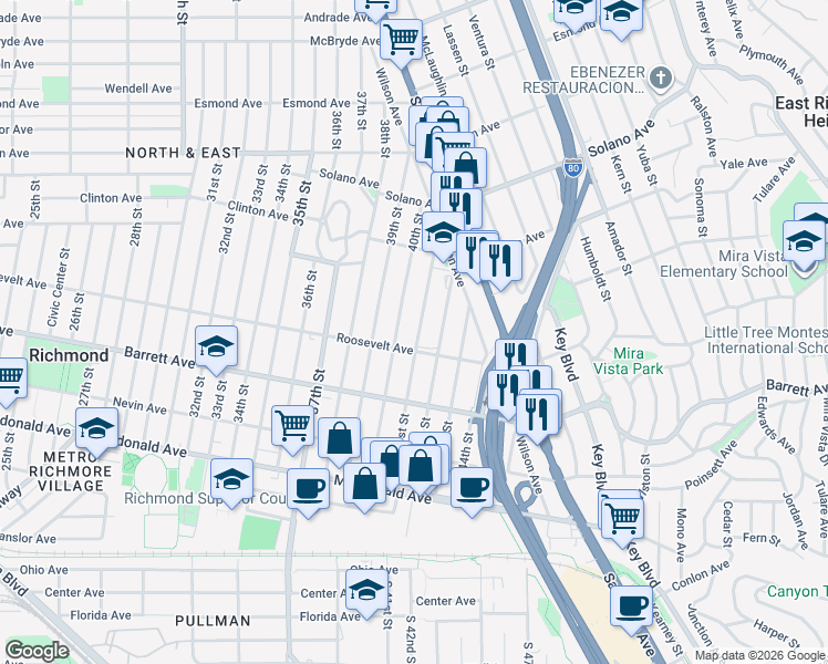 map of restaurants, bars, coffee shops, grocery stores, and more near 613 41st Street in Richmond
