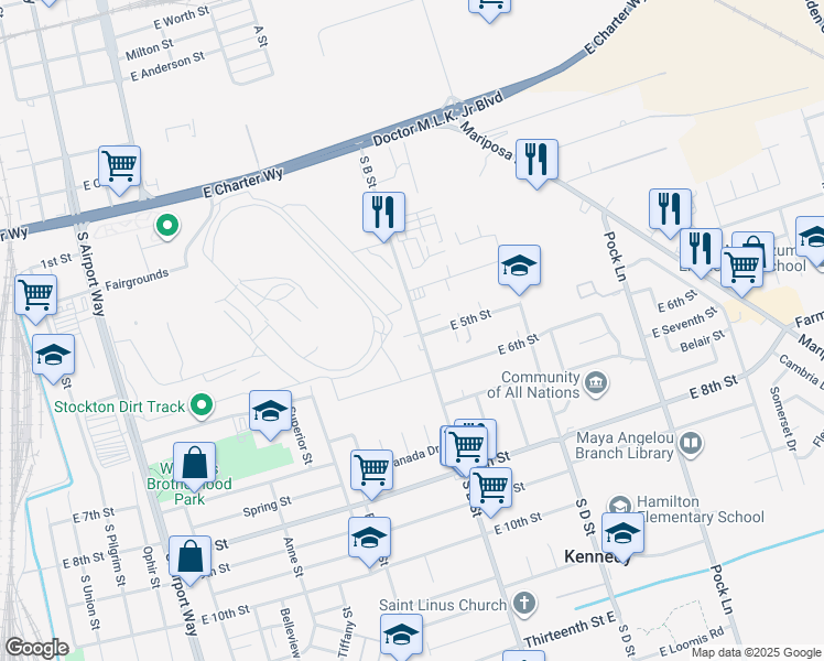 map of restaurants, bars, coffee shops, grocery stores, and more near 1825 South B Street in Stockton
