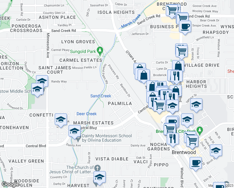 map of restaurants, bars, coffee shops, grocery stores, and more near 763 King Palm Lane in Brentwood