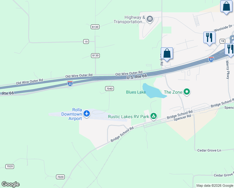 map of restaurants, bars, coffee shops, grocery stores, and more near 13600 County Road 7040 in Rolla
