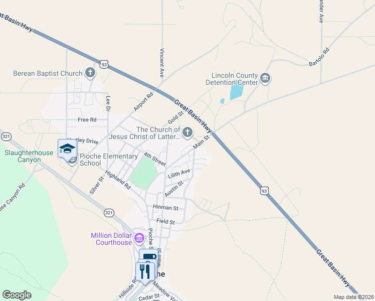 map of restaurants, bars, coffee shops, grocery stores, and more near 105 Main Street in Pioche