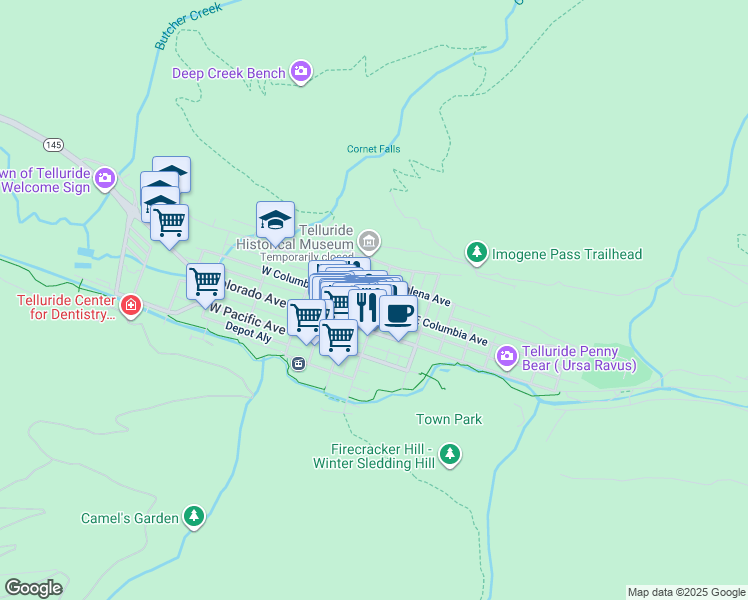 map of restaurants, bars, coffee shops, grocery stores, and more near 135 West Columbia Avenue in Telluride