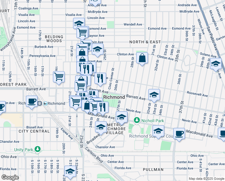 map of restaurants, bars, coffee shops, grocery stores, and more near in Richmond