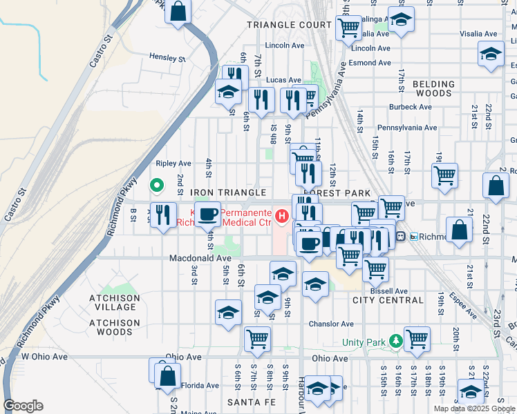 map of restaurants, bars, coffee shops, grocery stores, and more near 700 Barrett Avenue in Richmond