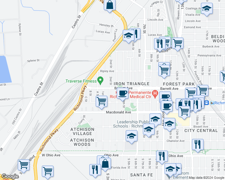 map of restaurants, bars, coffee shops, grocery stores, and more near 457 3rd Street in Richmond