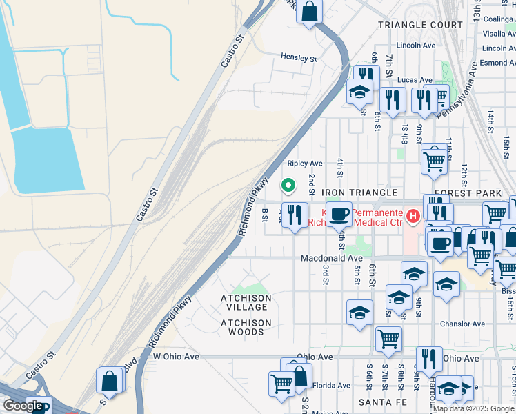 map of restaurants, bars, coffee shops, grocery stores, and more near 470 Garrard Boulevard in Richmond