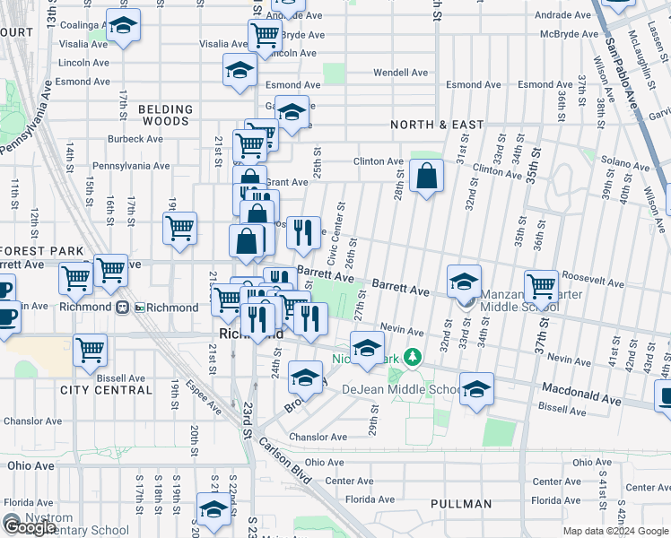 map of restaurants, bars, coffee shops, grocery stores, and more near 500 Civic Center Street in Richmond