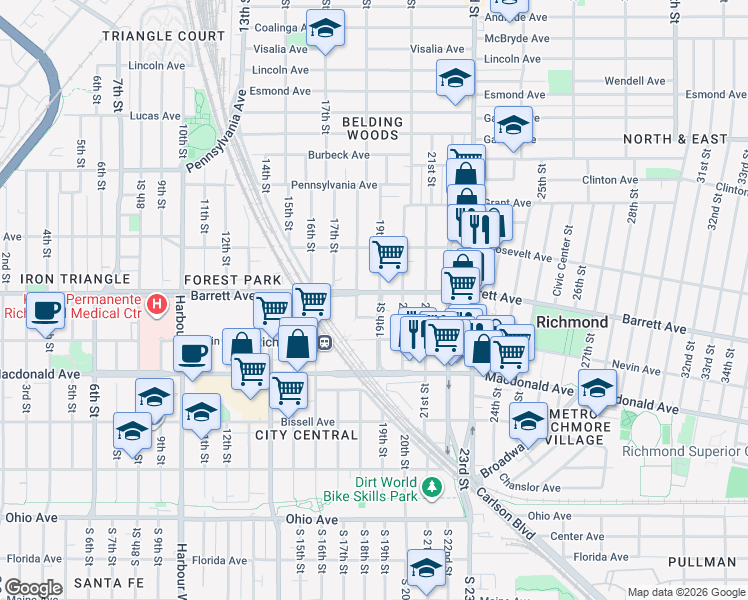 map of restaurants, bars, coffee shops, grocery stores, and more near 465 19th Street in Richmond