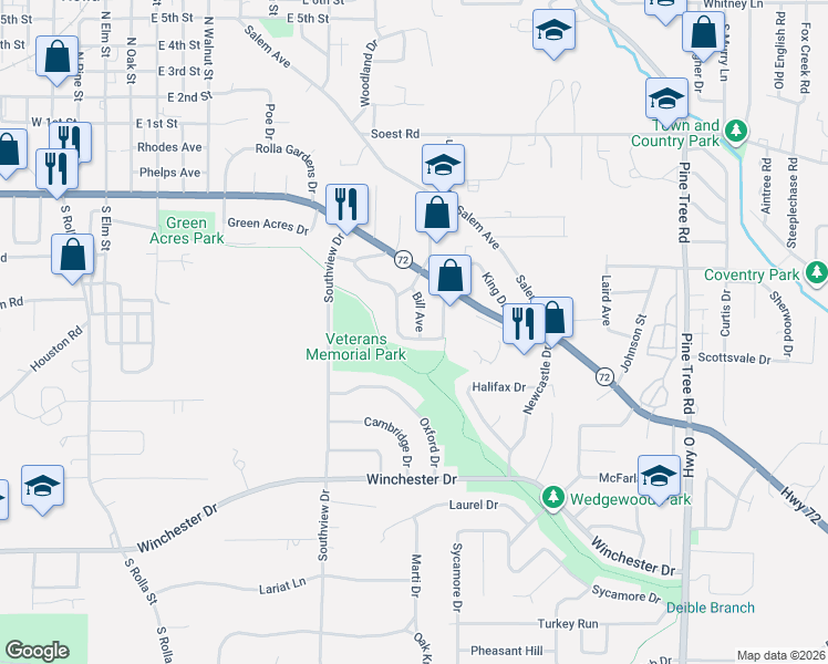 map of restaurants, bars, coffee shops, grocery stores, and more near 415 Bill Avenue in Rolla