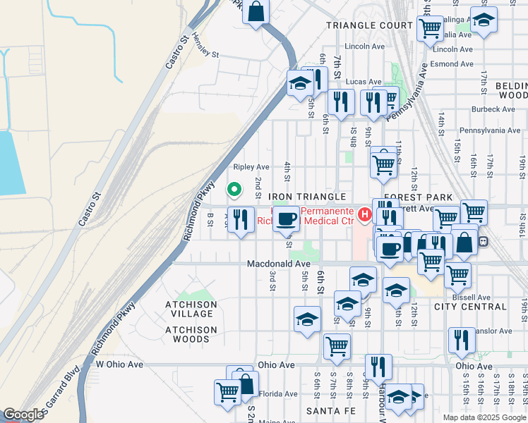 map of restaurants, bars, coffee shops, grocery stores, and more near 214 Barrett Avenue in Richmond