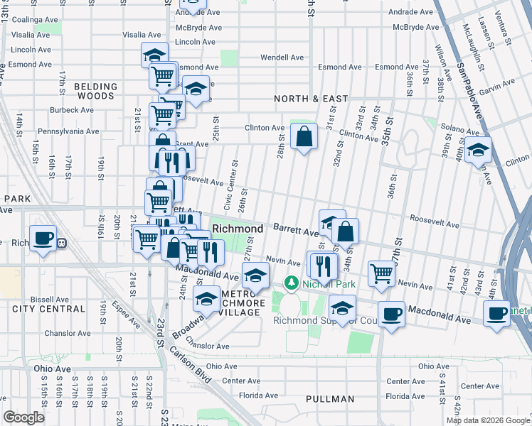 map of restaurants, bars, coffee shops, grocery stores, and more near 525 28th Street in Richmond