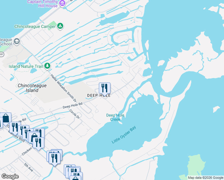 map of restaurants, bars, coffee shops, grocery stores, and more near 5372 Deep Hole Road in Chincoteague Island